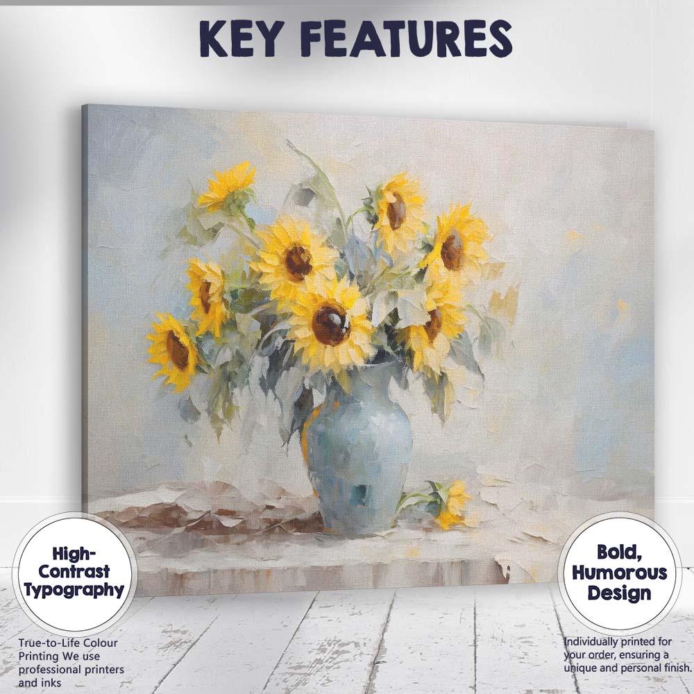 Soft Impressionist Yellow Sunflower Bouquet Blue Vase Floral Canvas Wall Art Print Decor Picture Ready to Hang