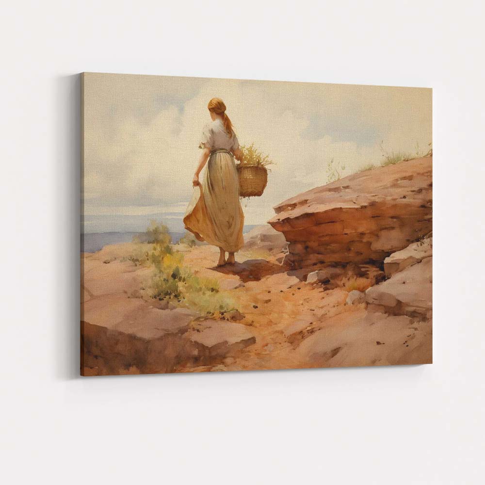 Rustic Country Girl Walking With Basket Watercolour Landscape Canvas Wall Art Print Decor Picture Ready to Hang