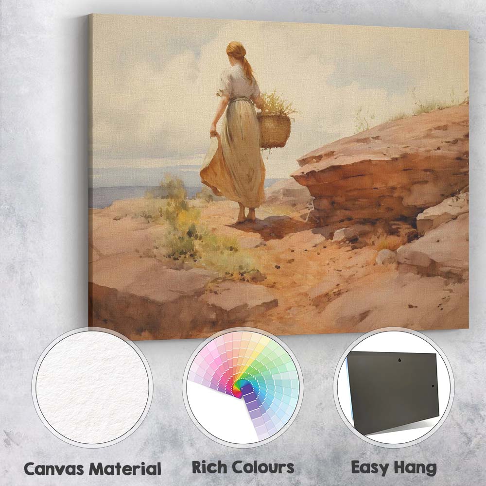 Rustic Country Girl Walking With Basket Watercolour Landscape Canvas Wall Art Print Decor Picture Ready to Hang