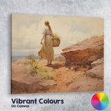 Rustic Country Girl Walking With Basket Watercolour Landscape Canvas Wall Art Print Decor Picture Ready to Hang