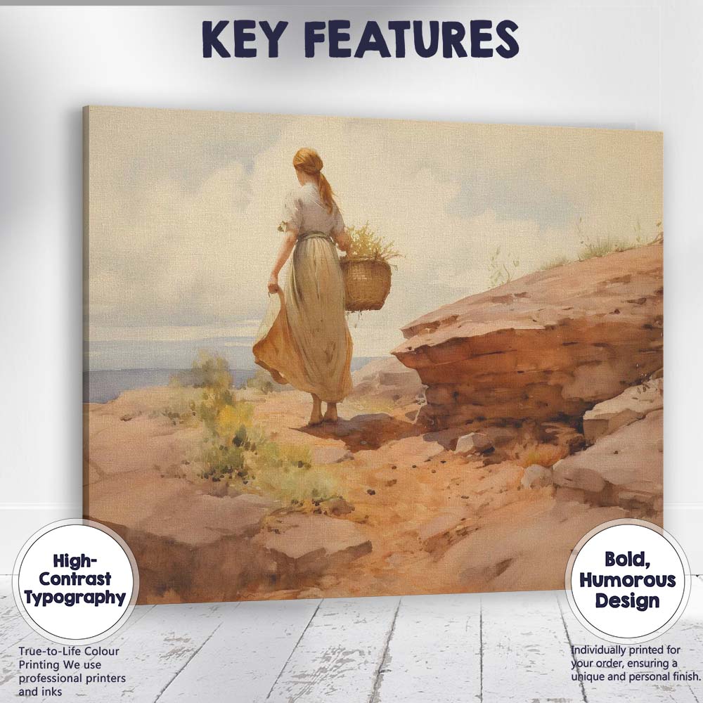 Rustic Country Girl Walking With Basket Watercolour Landscape Canvas Wall Art Print Decor Picture Ready to Hang