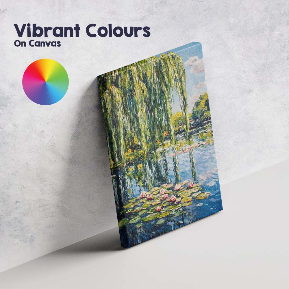 Bright Impressionist Willow Tree Lily Pond Waterscape Canvas Wall Art Print Decor Picture Ready to Hang