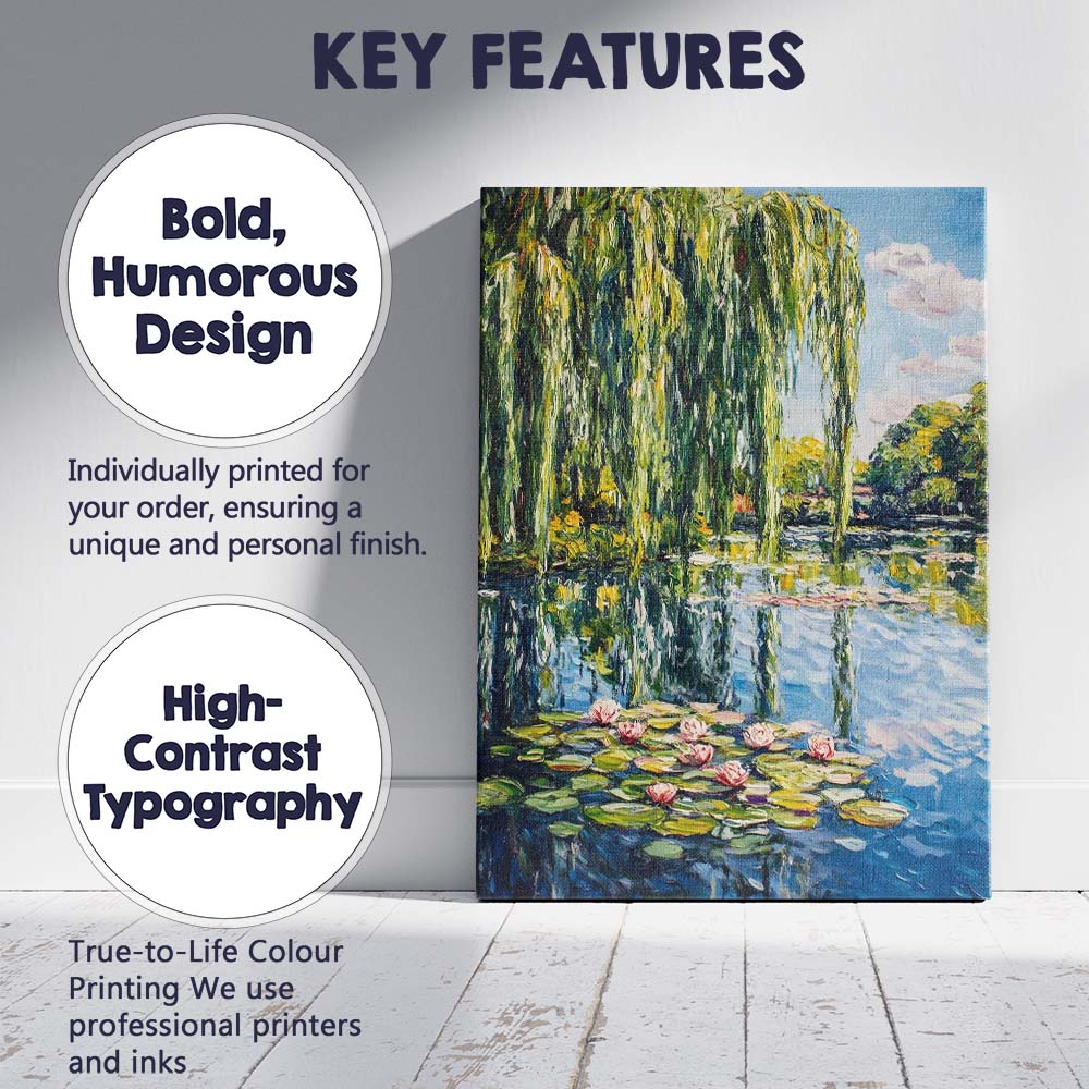 Bright Impressionist Willow Tree Lily Pond Waterscape Canvas Wall Art Print Decor Picture Ready to Hang