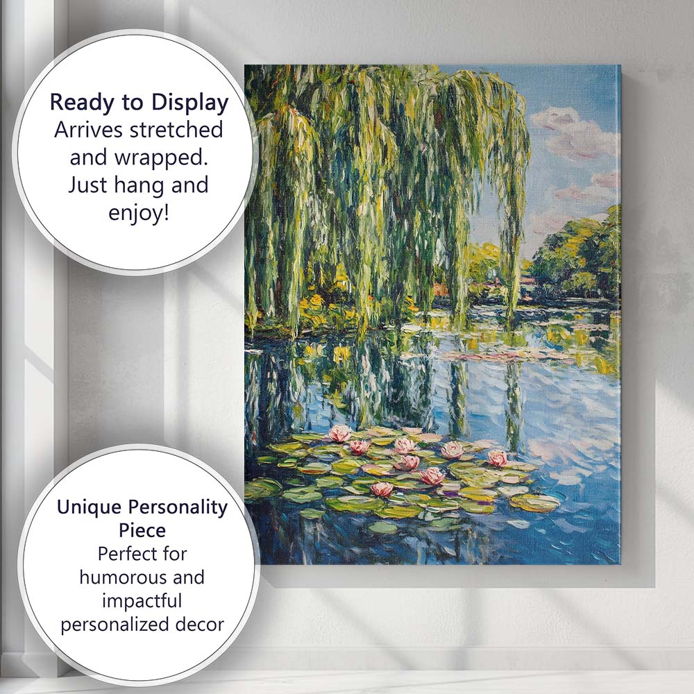 Bright Impressionist Willow Tree Lily Pond Waterscape Canvas Wall Art Print Decor Picture Ready to Hang
