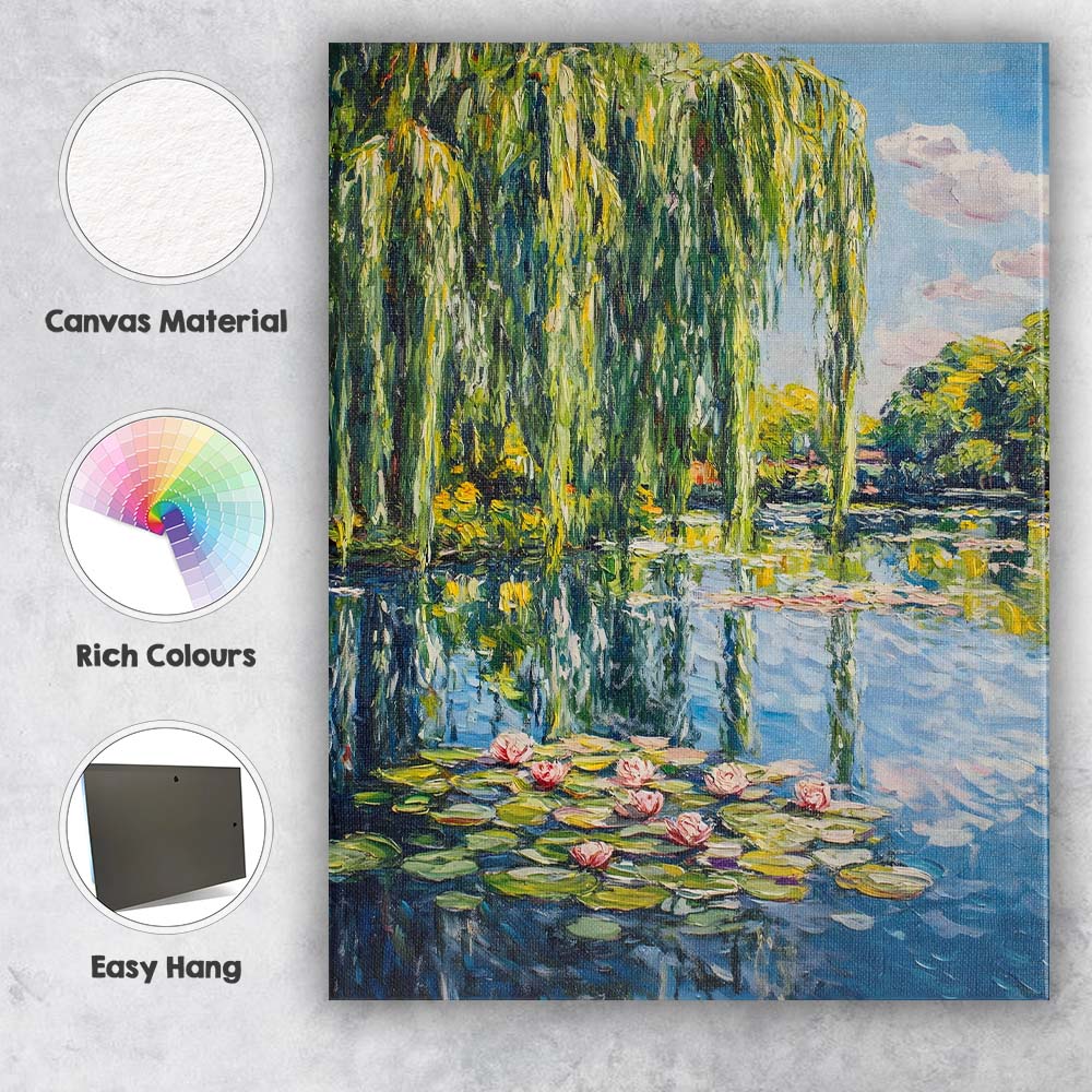 Bright Impressionist Willow Tree Lily Pond Waterscape Canvas Wall Art Print Decor Picture Ready to Hang