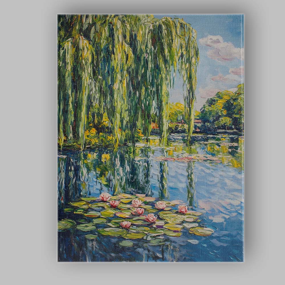 Bright Impressionist Willow Tree Lily Pond Waterscape Canvas Wall Art Print Decor Picture Ready to Hang