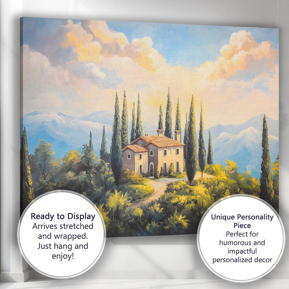 Tuscan Country Villa Cypress Trees Mountain Landscape Canvas Wall Art Print Decor Picture Ready to Hang