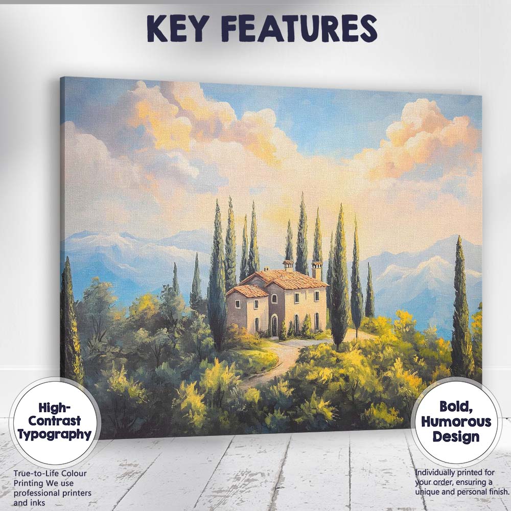 Tuscan Country Villa Cypress Trees Mountain Landscape Canvas Wall Art Print Decor Picture Ready to Hang