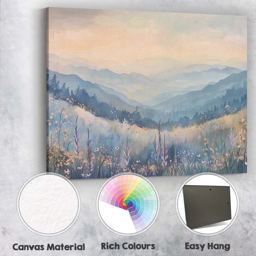 Soft Misty Blue Mountain Wildflower Meadow Landscape Canvas Wall Art Print Decor Picture Ready to Hang