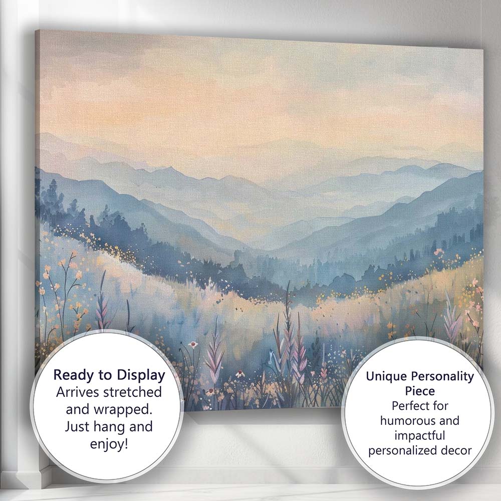 Soft Misty Blue Mountain Wildflower Meadow Landscape Canvas Wall Art Print Decor Picture Ready to Hang