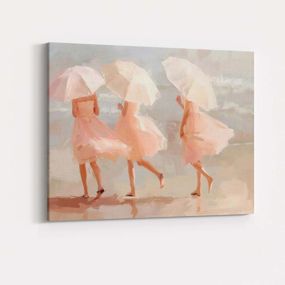 Elegant Women With White Parasols Soft Pastel Beach Scene Canvas Wall Art Print Decor Picture Ready to Hang