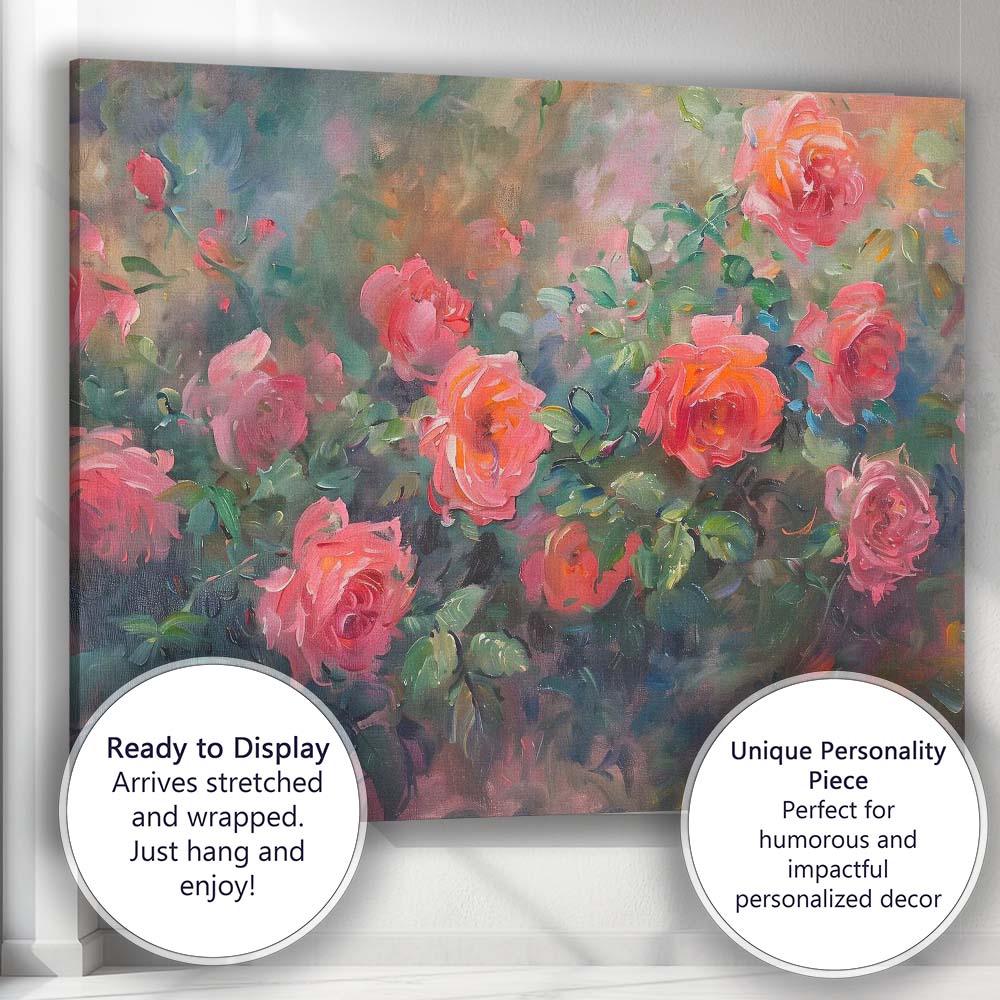 Impressionist Blush Pink Rose Garden Floral Painting Canvas Wall Art Print Decor Picture Ready to Hang