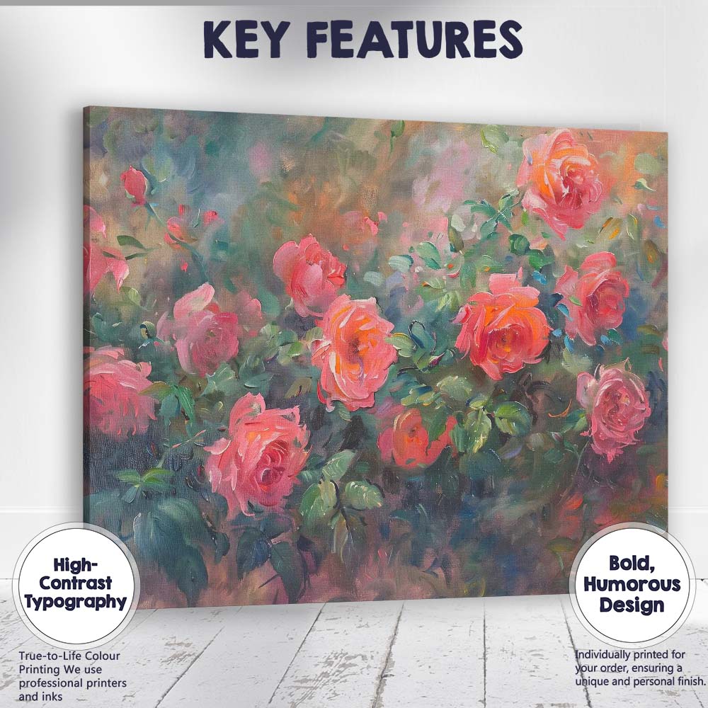 Impressionist Blush Pink Rose Garden Floral Painting Canvas Wall Art Print Decor Picture Ready to Hang