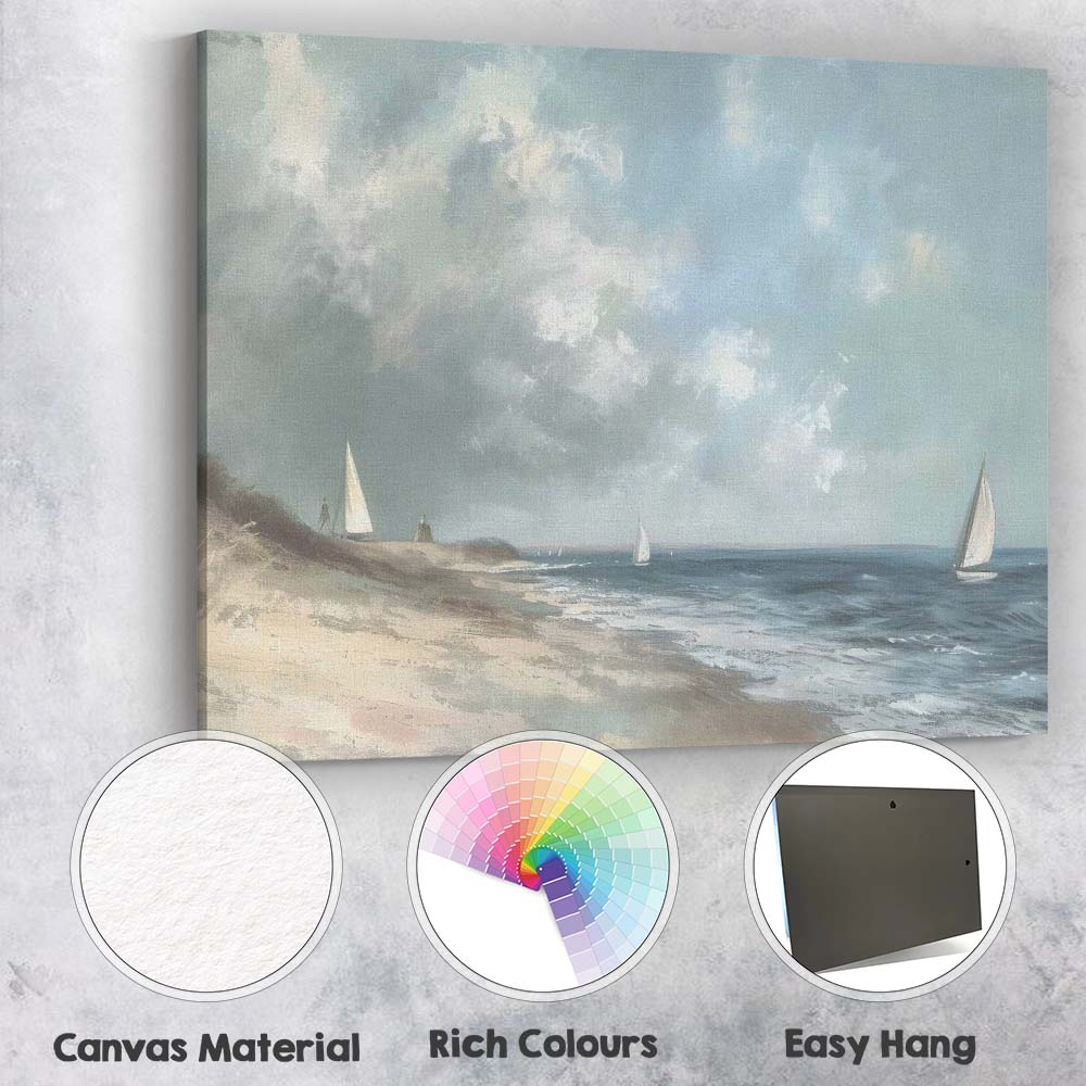 Soft Coastal Seascape Sailing Boats Beach Landscape Canvas Wall Art Print Decor Picture Ready to Hang