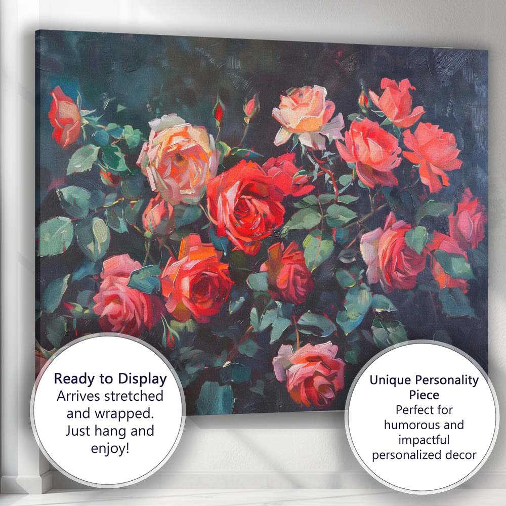 Elegant Coral Pink Rose Bouquet Dark Floral Still Life Canvas Wall Art Print Decor Picture Ready to Hang