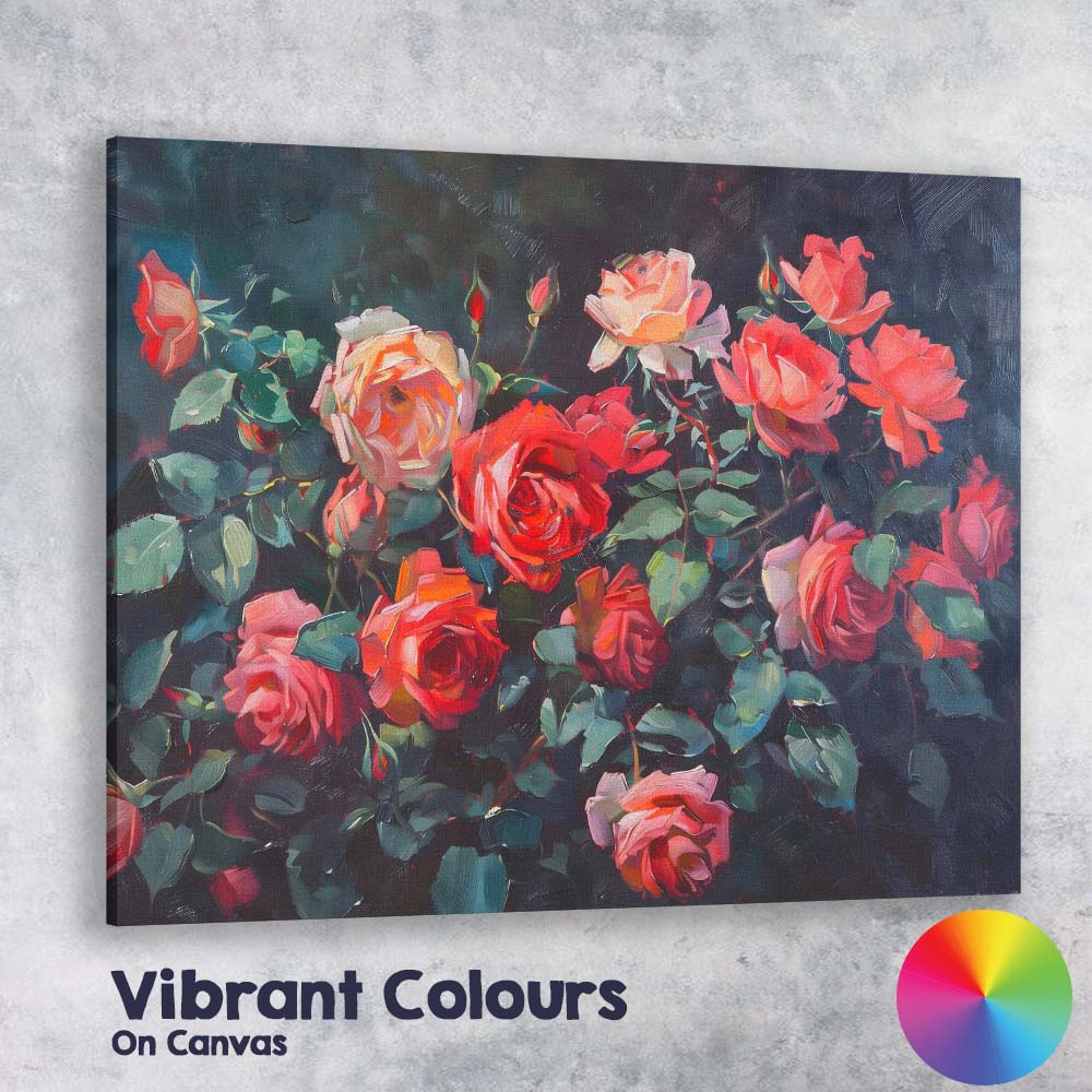 Elegant Coral Pink Rose Bouquet Dark Floral Still Life Canvas Wall Art Print Decor Picture Ready to Hang