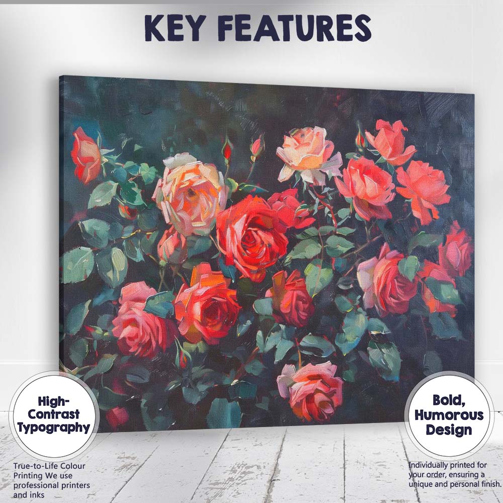 Elegant Coral Pink Rose Bouquet Dark Floral Still Life Canvas Wall Art Print Decor Picture Ready to Hang