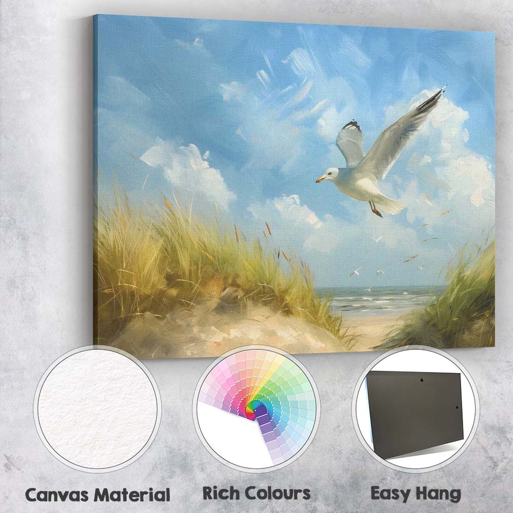 Coastal Seagull Flying Over Sand Dunes Beach Canvas Wall Art Print Decor Picture Ready to Hang