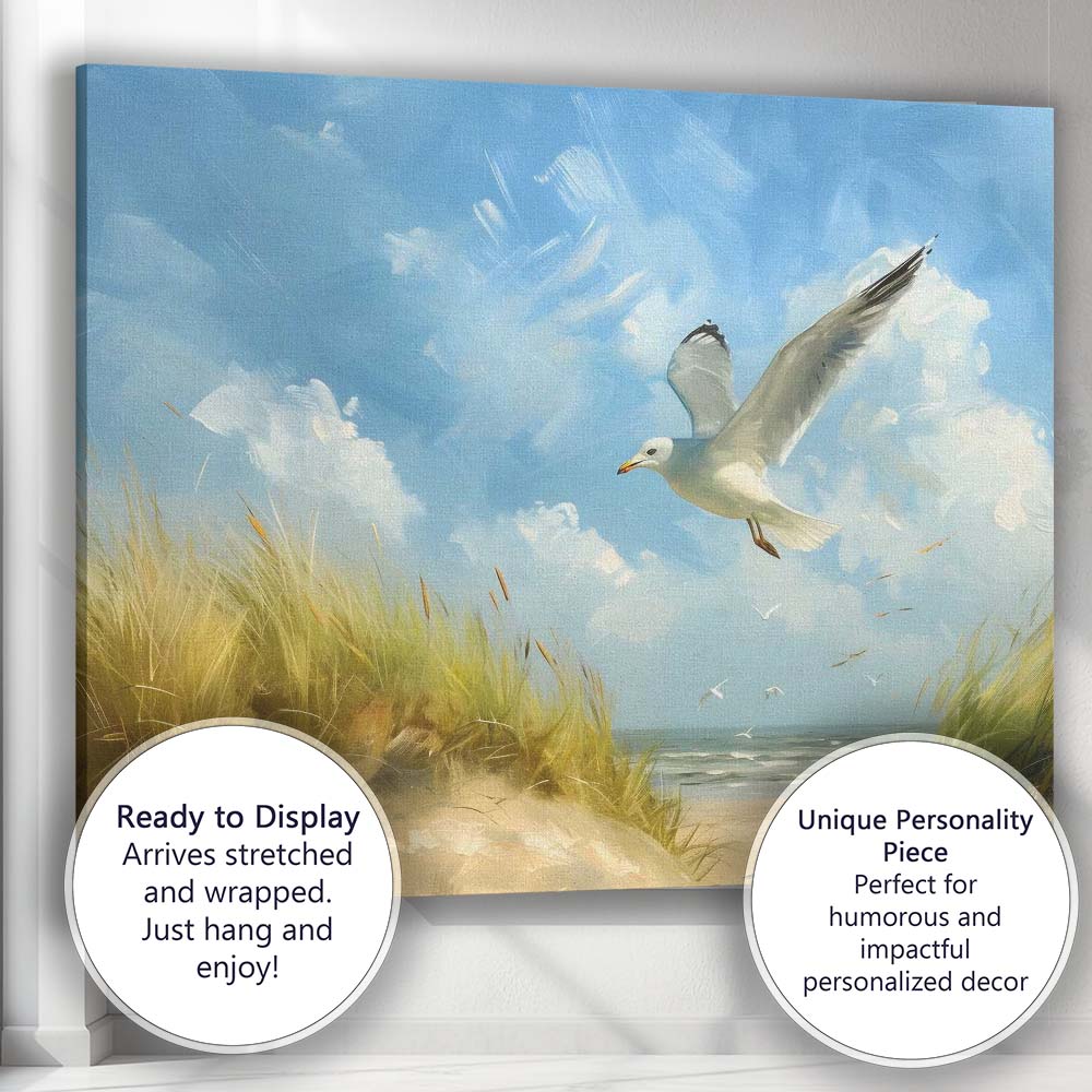 Coastal Seagull Flying Over Sand Dunes Beach Canvas Wall Art Print Decor Picture Ready to Hang