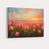 Romantic Pink Tulip Field Sunset Impressionist Landscape Canvas Wall Art Print Decor Picture Ready to Hang