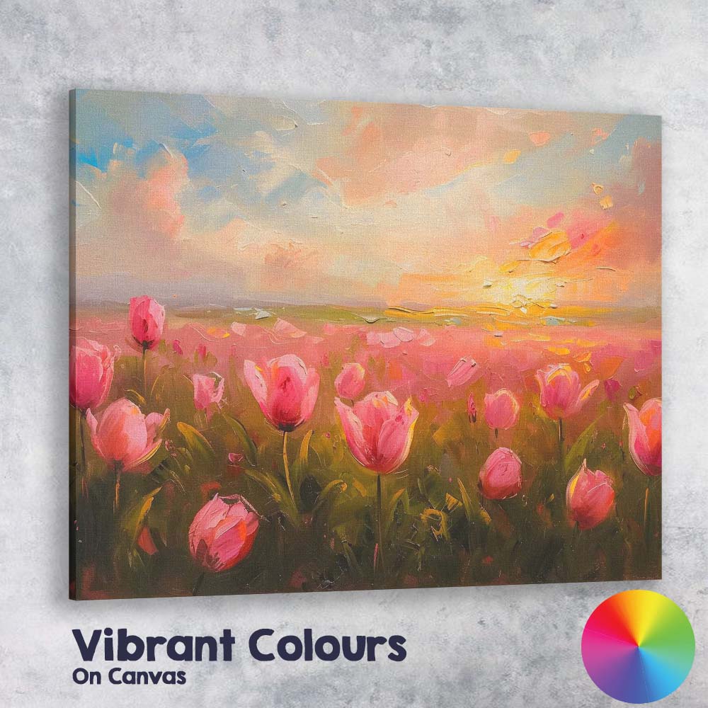 Romantic Pink Tulip Field Sunset Impressionist Landscape Canvas Wall Art Print Decor Picture Ready to Hang