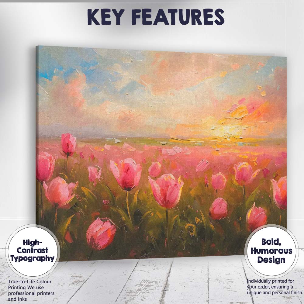 Romantic Pink Tulip Field Sunset Impressionist Landscape Canvas Wall Art Print Decor Picture Ready to Hang