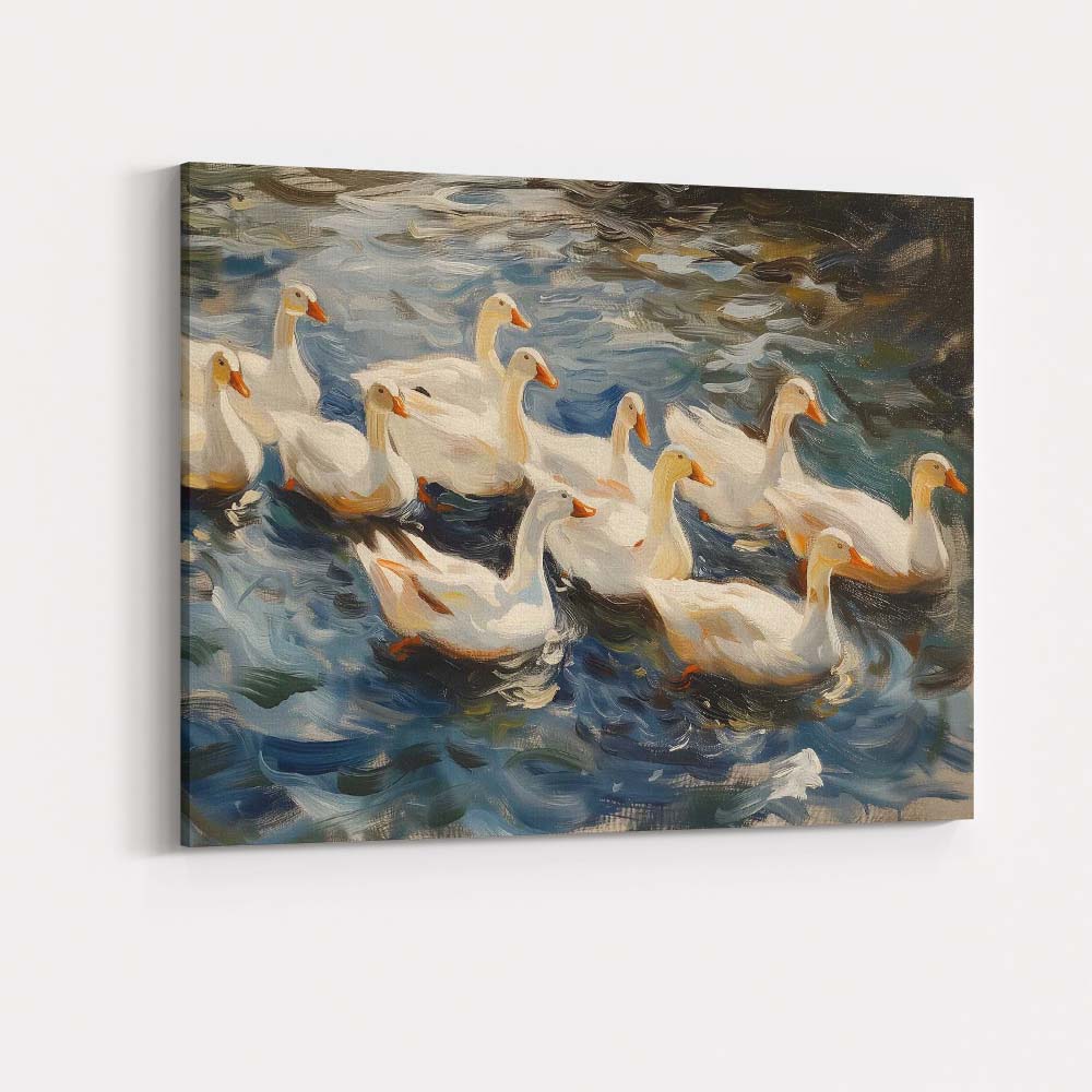 Graceful White Swan Family Swimming On River Impressionist Wildlife Canvas Wall Art Print Decor Picture Ready to Hang