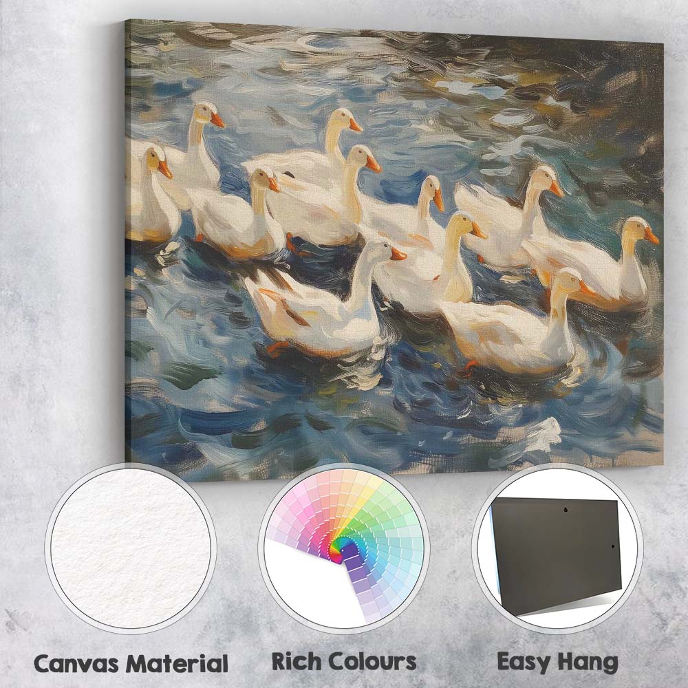 Graceful White Swan Family Swimming On River Impressionist Wildlife Canvas Wall Art Print Decor Picture Ready to Hang