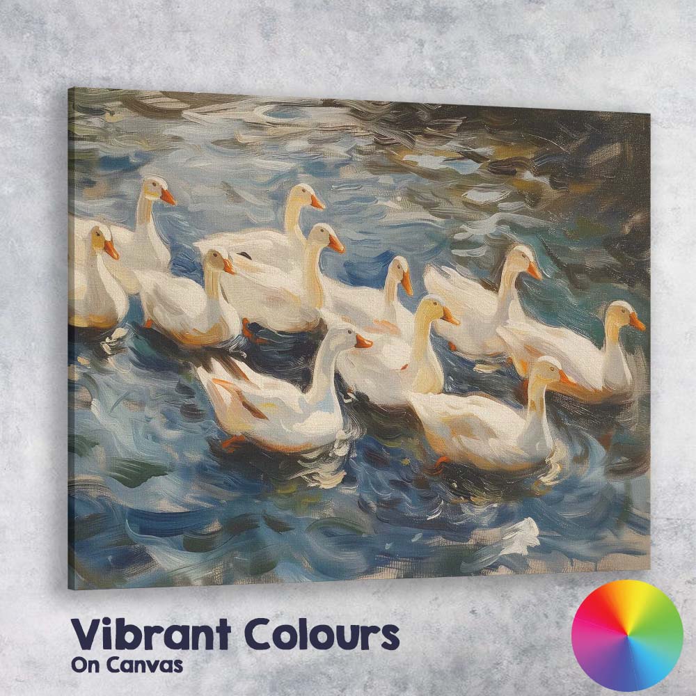 Graceful White Swan Family Swimming On River Impressionist Wildlife Canvas Wall Art Print Decor Picture Ready to Hang
