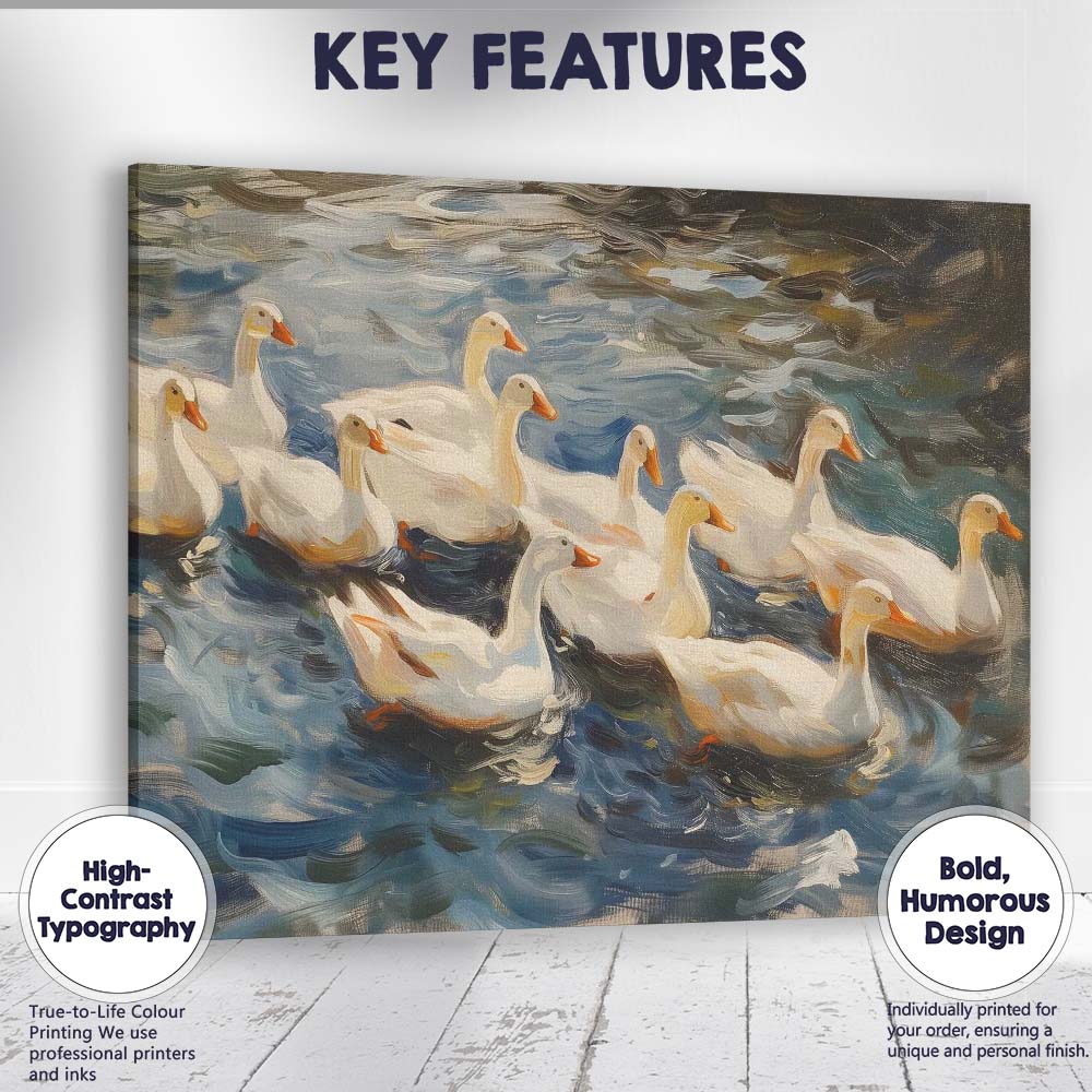 Graceful White Swan Family Swimming On River Impressionist Wildlife Canvas Wall Art Print Decor Picture Ready to Hang