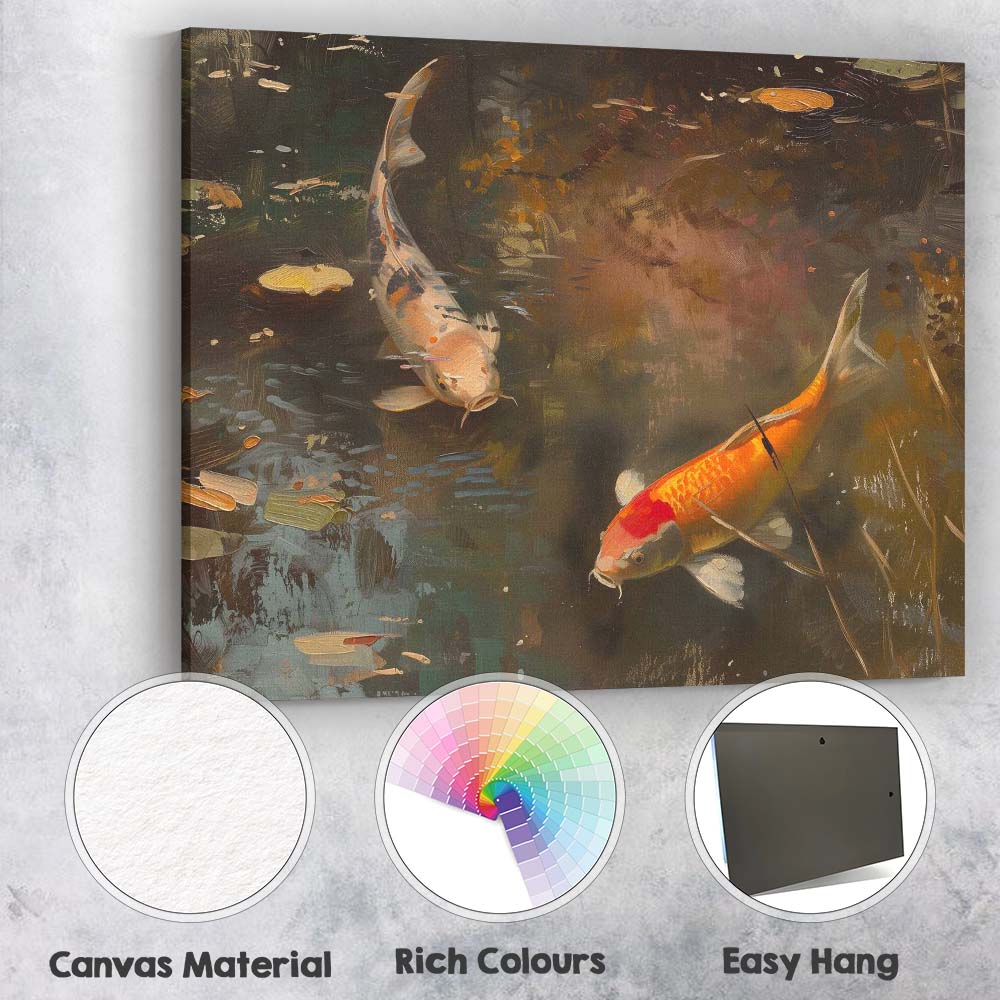 Elegant Koi Carp Swimming Dark Reflective Garden Pond Canvas Wall Art Print Decor Picture Ready to Hang