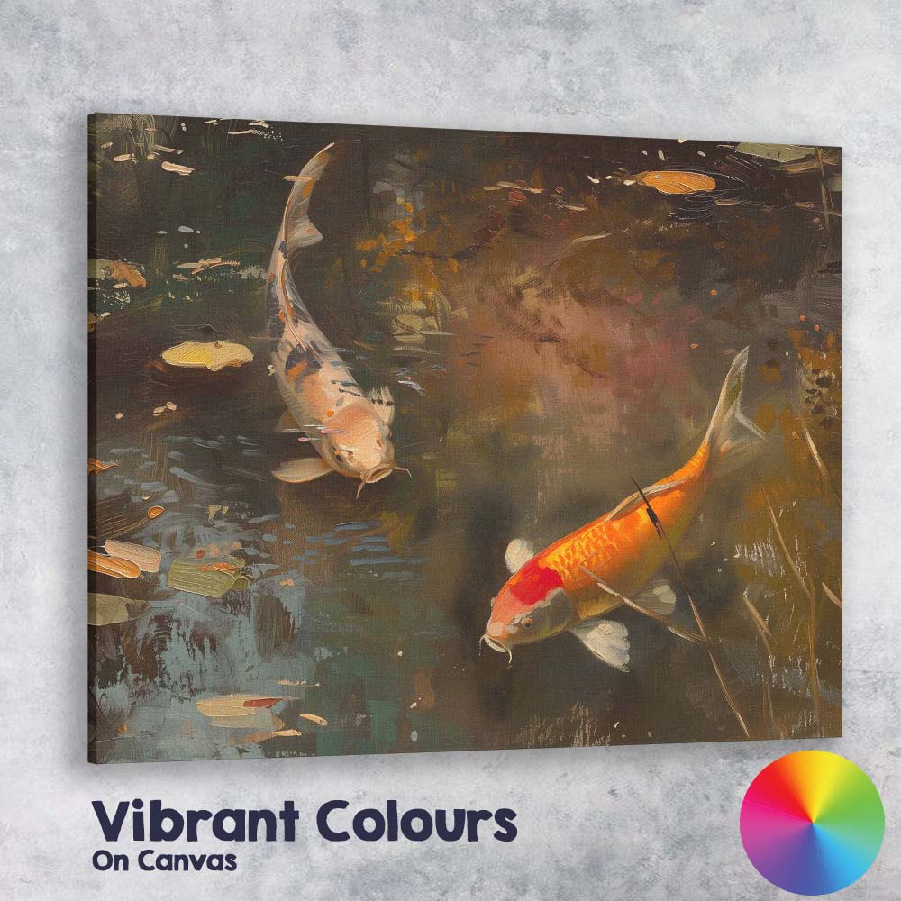 Elegant Koi Carp Swimming Dark Reflective Garden Pond Canvas Wall Art Print Decor Picture Ready to Hang