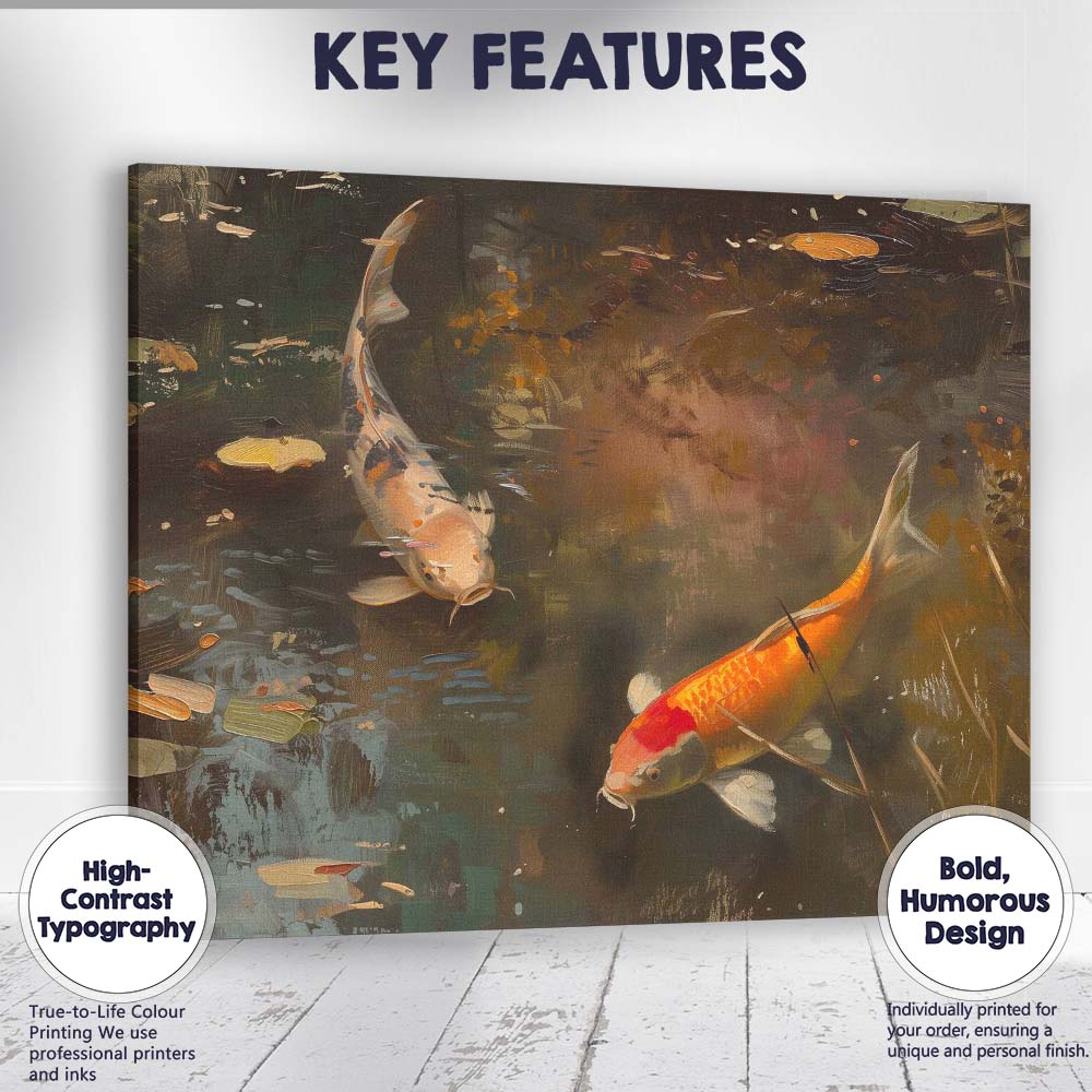 Elegant Koi Carp Swimming Dark Reflective Garden Pond Canvas Wall Art Print Decor Picture Ready to Hang