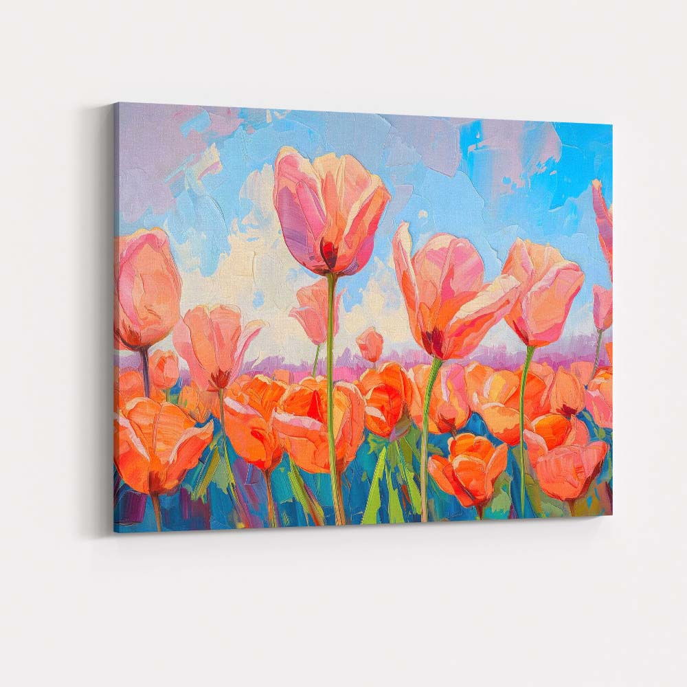 Vibrant Pink Tulip Bloom Field Contemporary Floral Painting Canvas Wall Art Print Decor Picture Ready to Hang