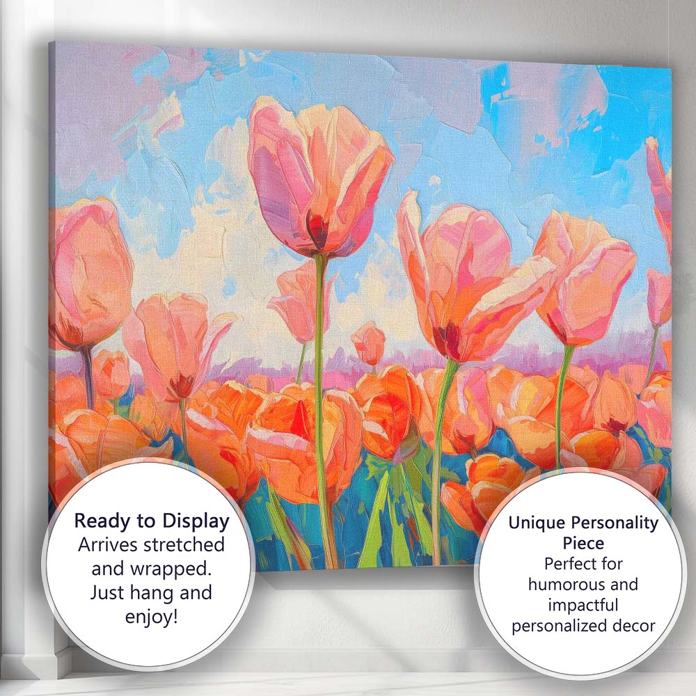 Vibrant Pink Tulip Bloom Field Contemporary Floral Painting Canvas Wall Art Print Decor Picture Ready to Hang