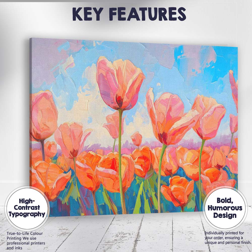 Vibrant Pink Tulip Bloom Field Contemporary Floral Painting Canvas Wall Art Print Decor Picture Ready to Hang