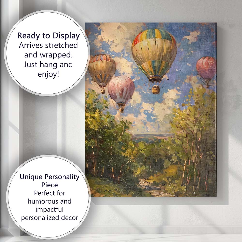 Colourful Hot Air Balloons Blue Sky Woodland Landscape Impressionist Canvas Wall Art Print Decor Picture Ready to Hang