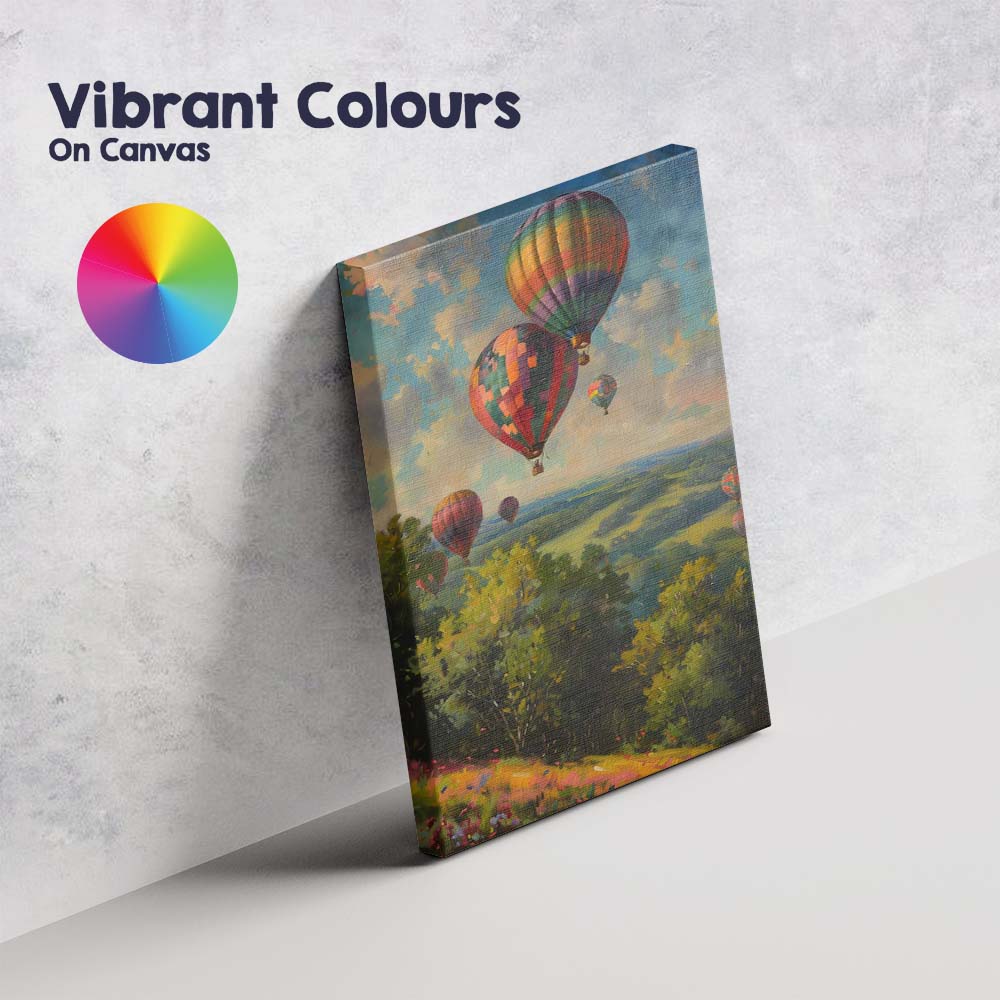 Vibrant Patchwork Hot Air Balloons Rolling Hills Countryside Impressionist Canvas Wall Art Print Decor Picture Ready to Hang