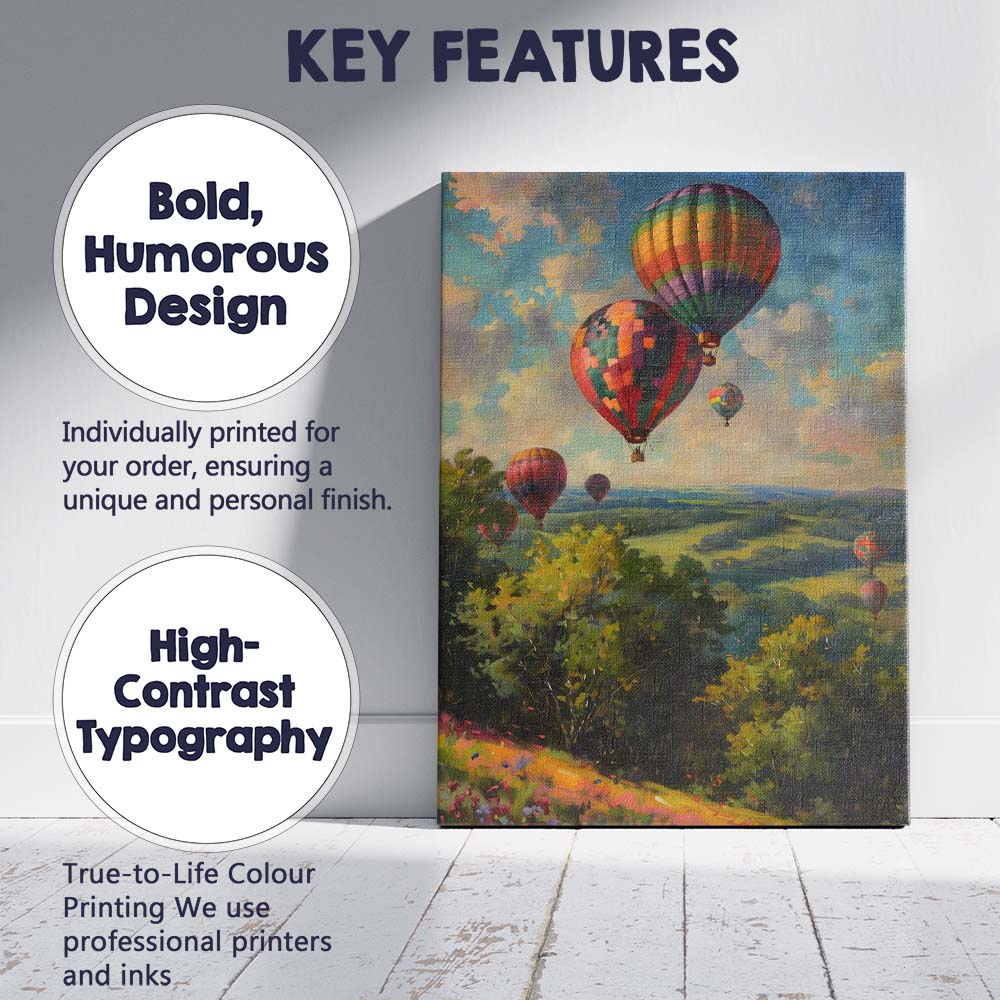 Vibrant Patchwork Hot Air Balloons Rolling Hills Countryside Impressionist Canvas Wall Art Print Decor Picture Ready to Hang