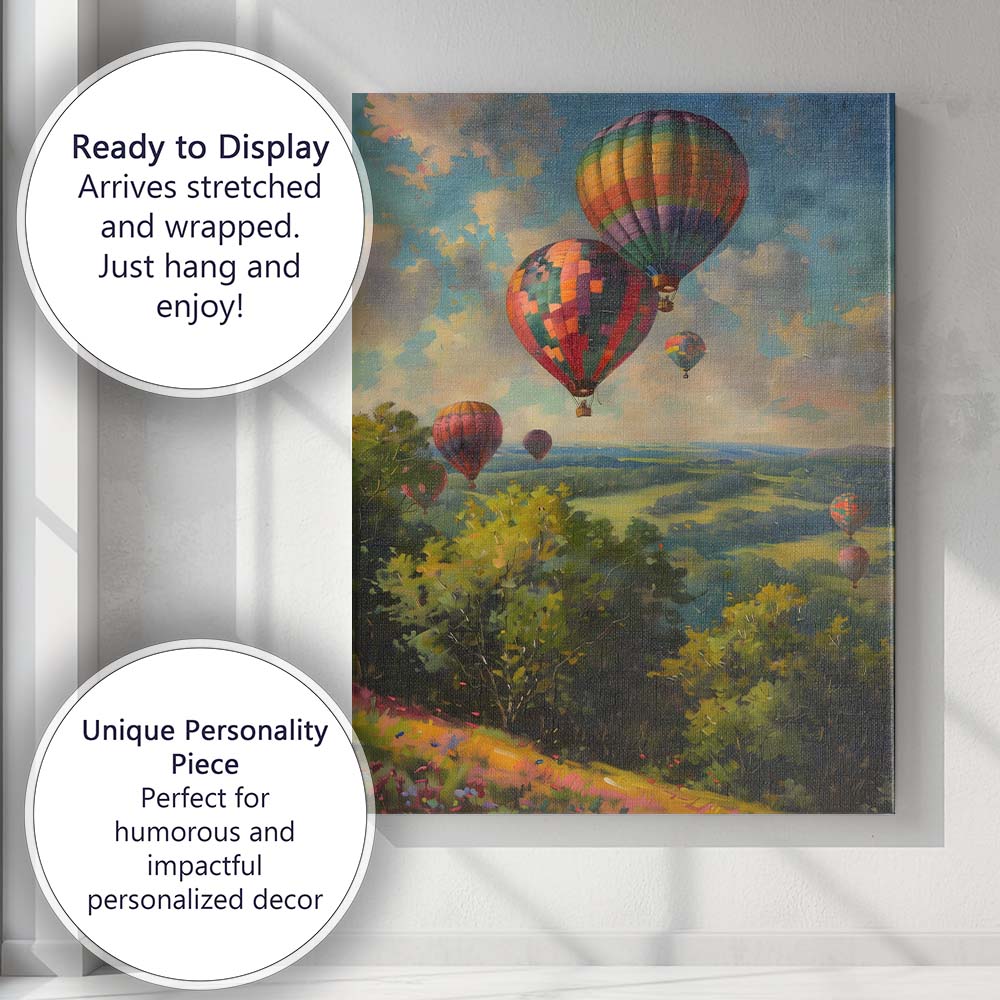 Vibrant Patchwork Hot Air Balloons Rolling Hills Countryside Impressionist Canvas Wall Art Print Decor Picture Ready to Hang