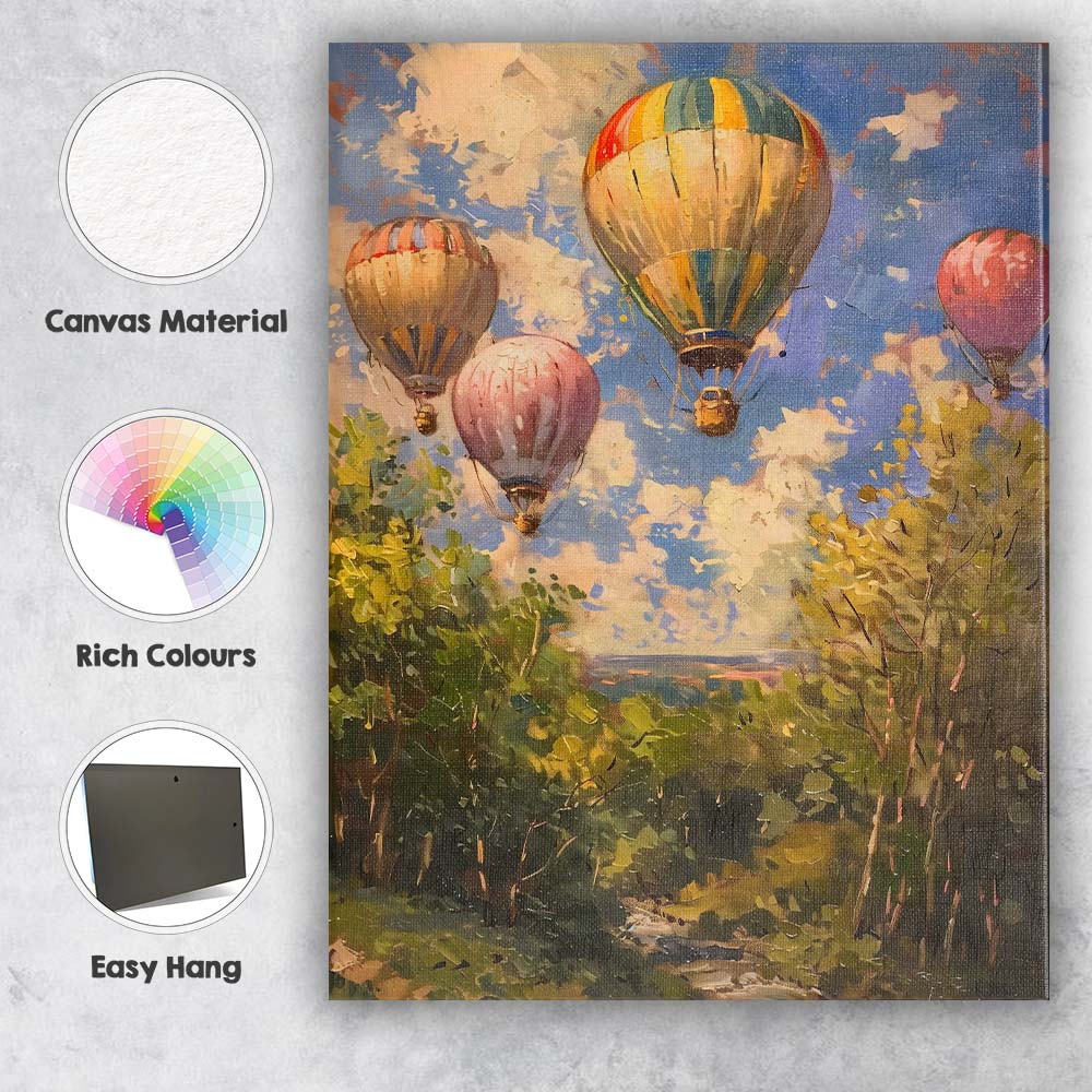 Pastel Hot Air Balloons Above Woodland Blue Sky Impressionist Canvas Wall Art Print Decor Picture Ready to Hang