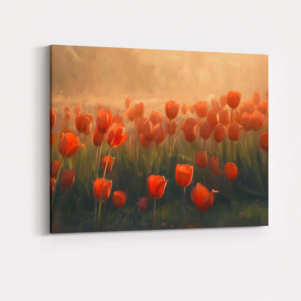 Glowing Red Tulip Field Golden Morning Light Floral Impressionist Canvas Wall Art Print Decor Picture Ready to Hang