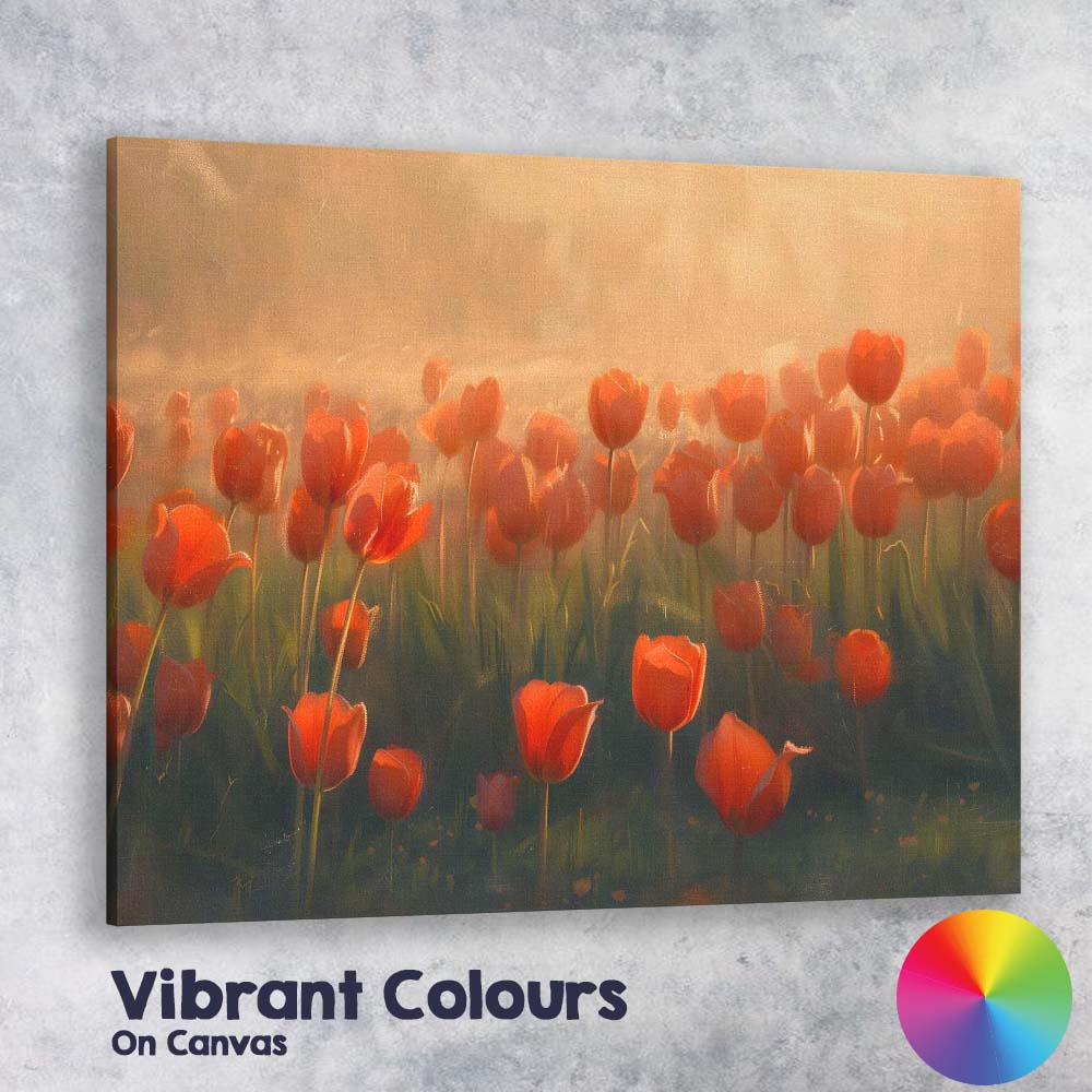 Glowing Red Tulip Field Golden Morning Light Floral Impressionist Canvas Wall Art Print Decor Picture Ready to Hang