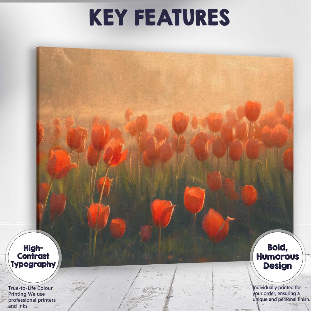 Glowing Red Tulip Field Golden Morning Light Floral Impressionist Canvas Wall Art Print Decor Picture Ready to Hang