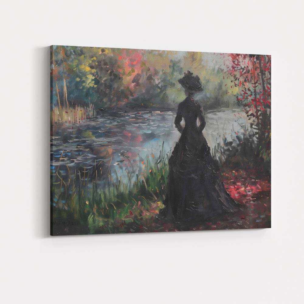 Impressionist Victorian Lady By Tranquil Garden Lake Elegant Landscape Canvas Wall Art Print Decor Picture Ready to Hang