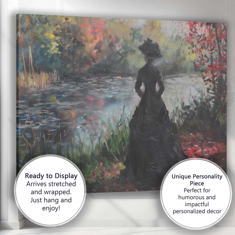 Impressionist Victorian Lady By Tranquil Garden Lake Elegant Landscape Canvas Wall Art Print Decor Picture Ready to Hang