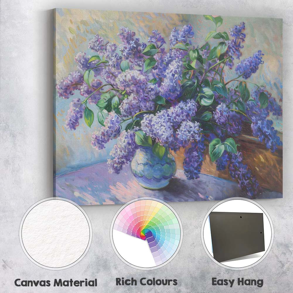 Purple Lilac Bouquet In Ceramic Vase Impressionist Floral Still Life Canvas Wall Art Print Decor Picture Ready to Hang