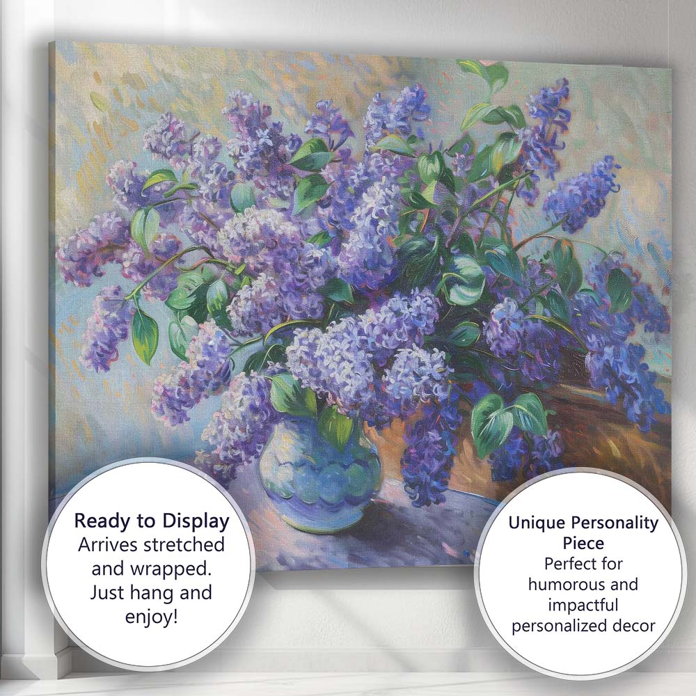 Purple Lilac Bouquet In Ceramic Vase Impressionist Floral Still Life Canvas Wall Art Print Decor Picture Ready to Hang