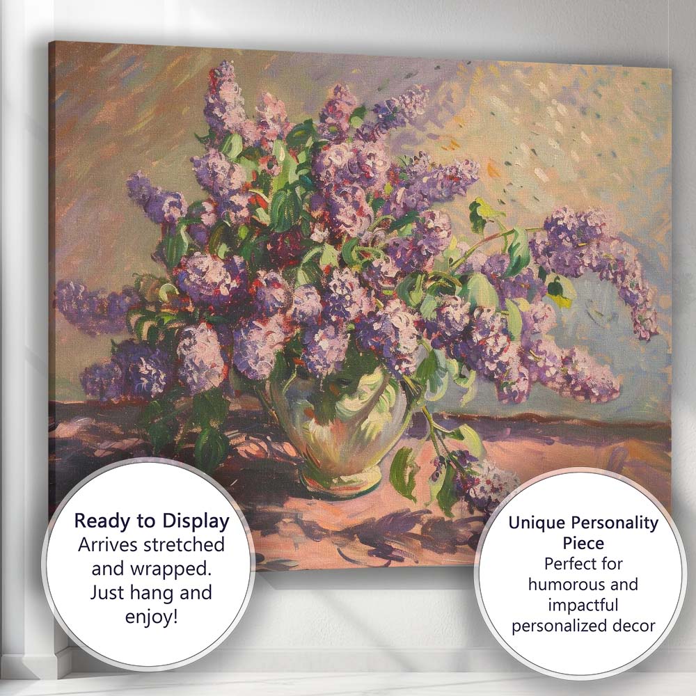 Lavender Lilac Bouquet In Glass Vase Impressionist Floral Still Life Canvas Wall Art Print Decor Picture Ready to Hang