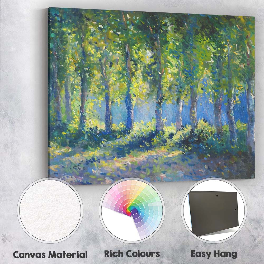 Sunlit Green Forest Woodland Landscape Impressionist Nature Canvas Wall Art Print Decor Picture Ready to Hang